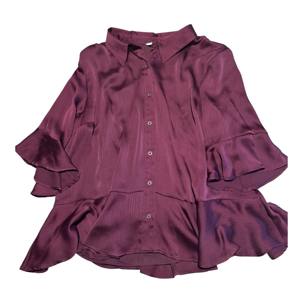 Nine West Women's Maddie Plum Ruffle Hem Sheer Collared Blouse Button w Cami XXL